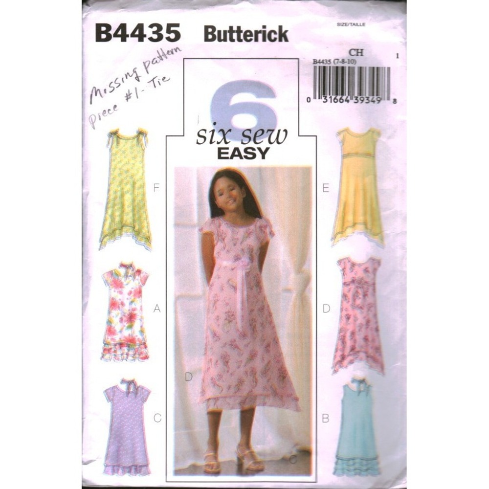 Butterick B4435 Girls Dress Scarf Sewing Pattern Size 7‎ 8 10 Six Sew Easy B4435